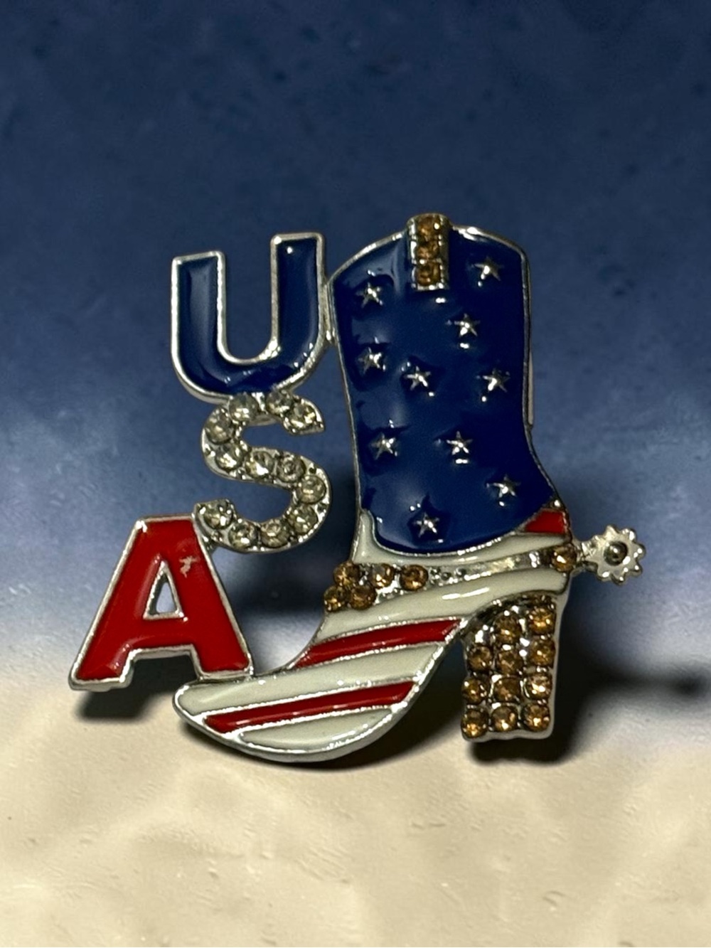 Patriotic USA Cowboy Boot Silver Tone in Red White and Blue